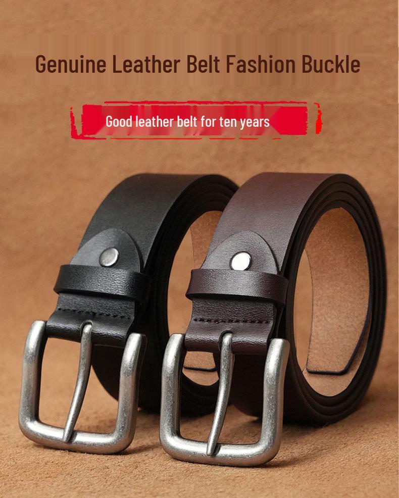 Men's Retro Buckle Cowhide Leather Belt - Fashionable & Versatile Genuine Leather Pants Accessory.