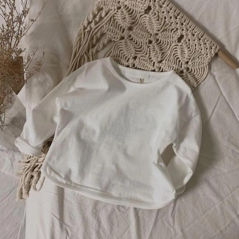 Children Solid Long Sleeves Bottoming Shirt For Boy Girl Kid Loose T-shirt Retro Baby Cotton Tops Toddler Casual Tees Autumn
