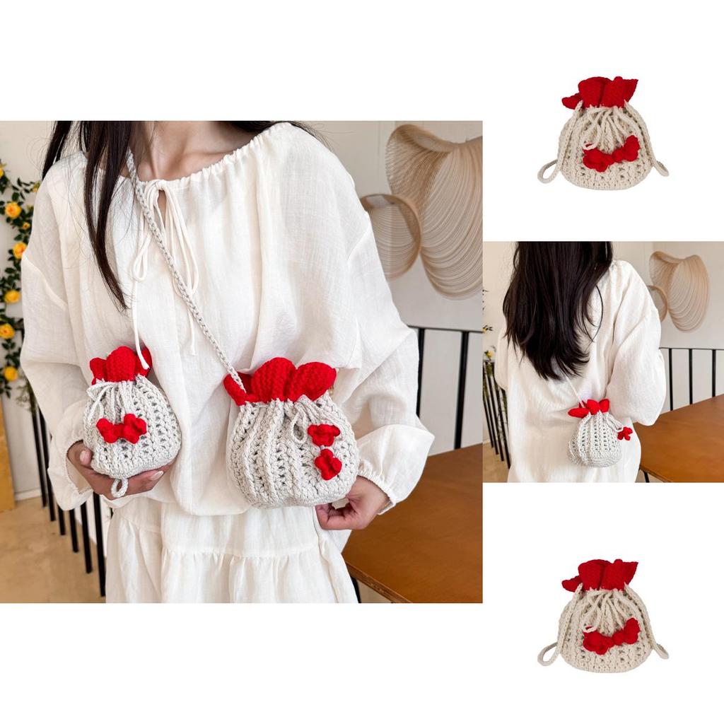 Minimally Woven Crossbody Bag With Flower Appearance And Drawstring Design For Casual Outings