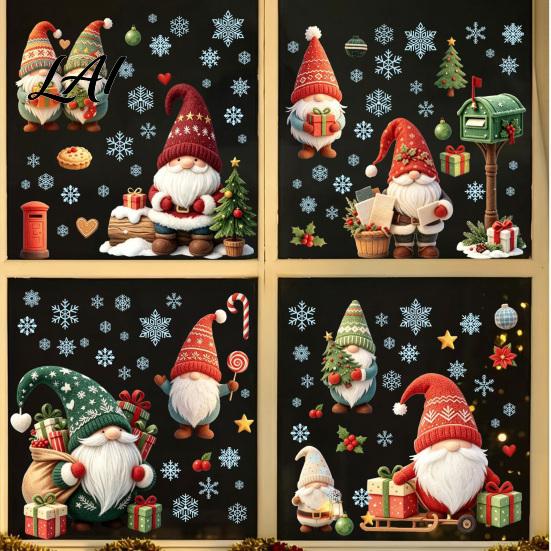 Reusable Static Decals Christmas Gnome Window Cling Waterproof Snowflake Glass Decal PVC Faceless Dwarf Sticker for Holiday Decoration Festive