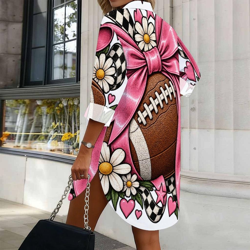 Women Plus Size White Printed Collared Long Sleeve Button Front Curved Hem Shirt Dress