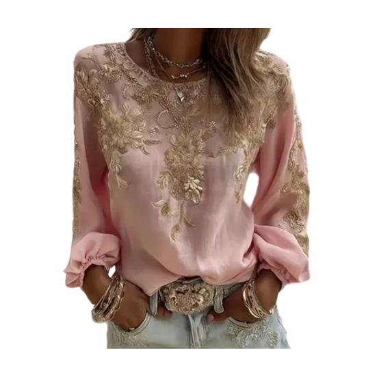 Women Tops Round Neck Long Sleeve 3D Digital Flower Printing Tee Shirt Retro