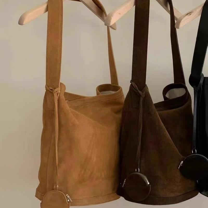 Soft Suede Bucket Bag Women Men - Casual Unisex Shoulder Handbag With Stitched Detail Large Size Yellow Brown