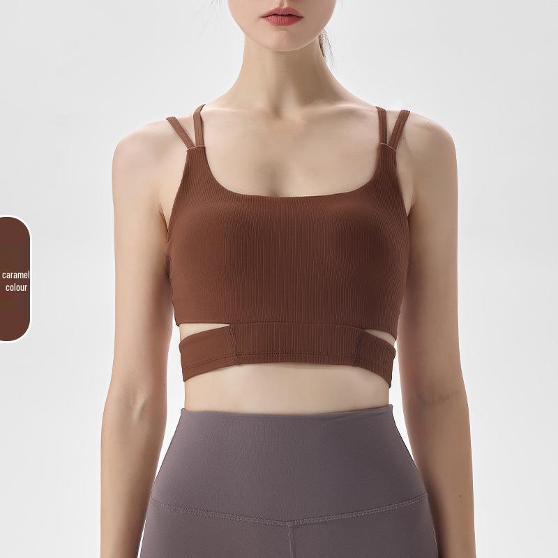 Women's Ribbed Slim-Fit Autumn/Winter Yoga Top with Chest Pads, Sexy Back Sports Bra