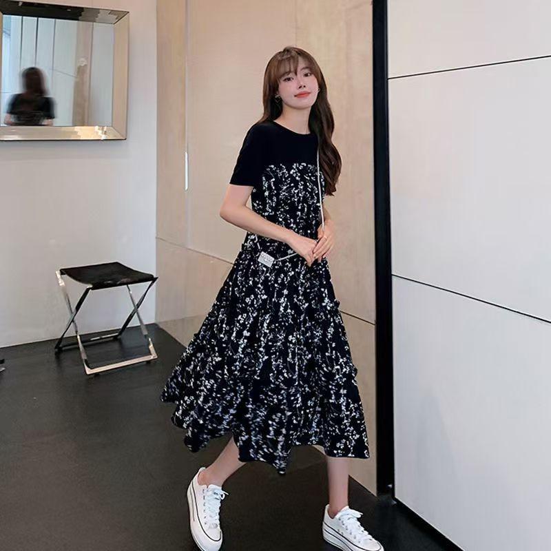 Women's Fashion Casual V-neck Print Long-sleeved Pocket Dress Long Skirt