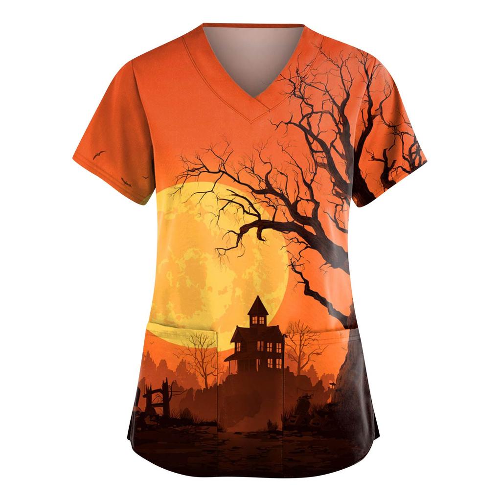 Women's Fashion V-Neck Short Sleeve Overalls With Pockets Halloween Printed Tops  Apparel