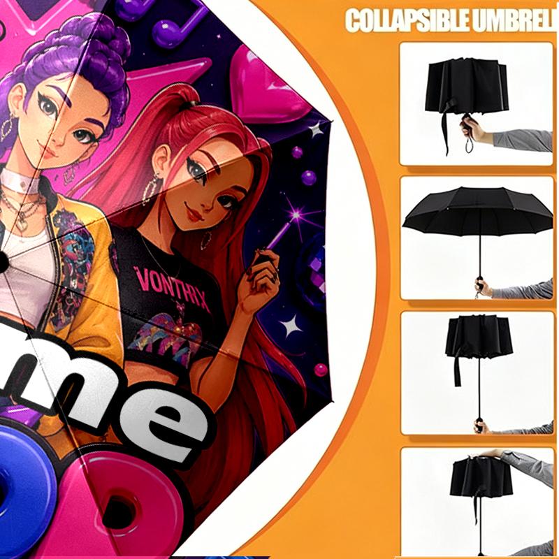 Custom Name Personalized KPop Hunters Print Umbrella, Auto Open Close, 8‑Rib Sturdy Frame, Commute Camping Hiking Use, Birthday Gift