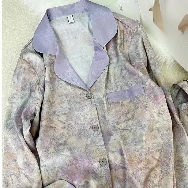 Flowers Twill Print Classy Women's Pajamas Spring Autumn Two-piece Sets Long Female Lounges Simulated Silk New Y2k Homewear