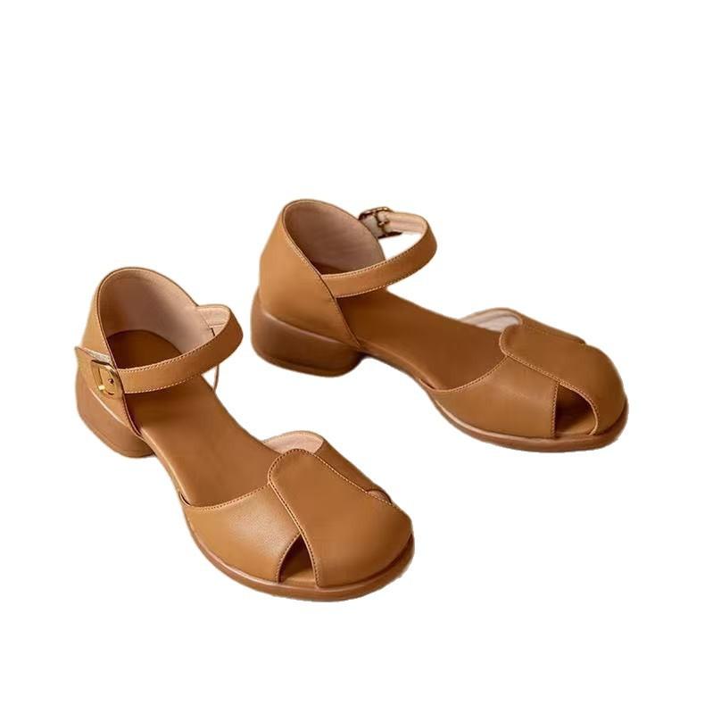 One word with hollow round head retro bag head soft leather sandals summer new leather thick heel high heel sandals