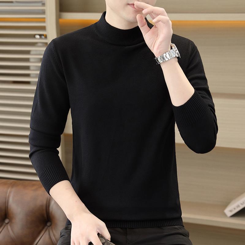 Men's Slim Fit Wool Sweater - Autumn & Winter Half-High Collar Knit Base Layer, Solid Color Trendy Design