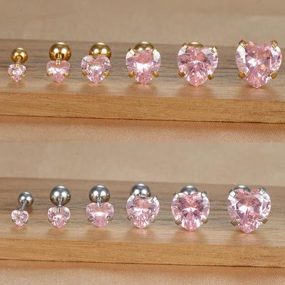 1PC Simple Pink Cubic Zirconia Heart Small Stud Earrings Fashion Tiny Stainless Steel Charm Helix Tragus Piercing Jewelry