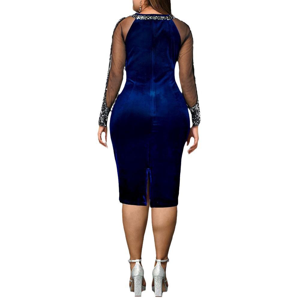 New Sequin Gold Velvet Mesh Splicing Plus Size Women's Bodycon Dress