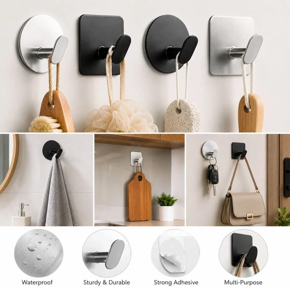 3pcs Stainless Steel Adhesive Hooks Rust Proof Bathroom Clothes Hooks  Organization Accessory