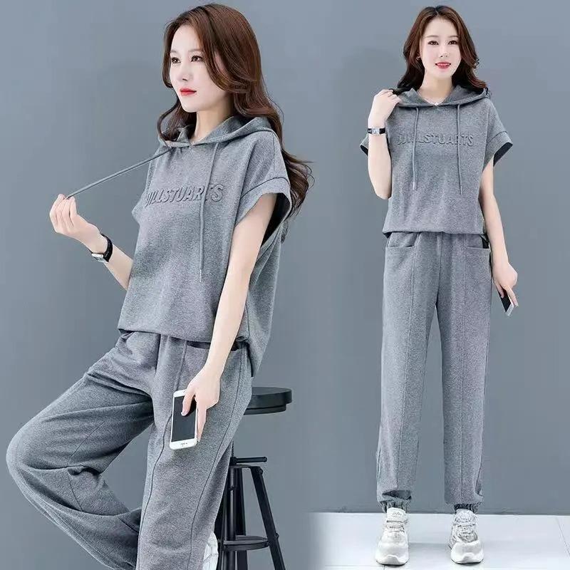 Plus Size Women's Fat Sister Summer Loose and Thin Casual Sports Suit Fashion Hooded Two-piece Suit