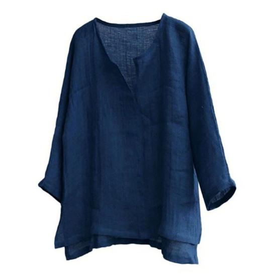 Men Shirt Loose Pullover V Neck Vintage Solid Color Keep Trendy Chinese Style Plus Size Mid Length Men Top for Daily Wear