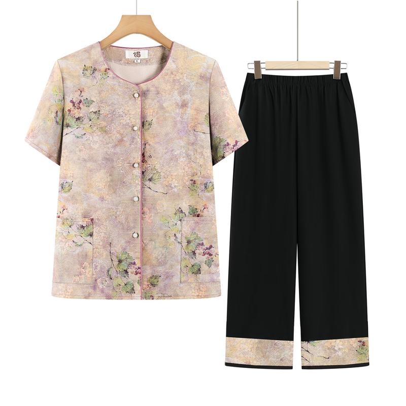 New Chinese Embroidered Summer Suit for Middle-Aged Women
