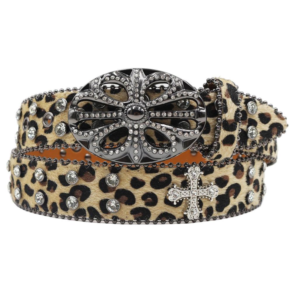 Bohemian Women's Leopard Print Rhinestone Leather Belt - Ethnic Style Versatile Accessory