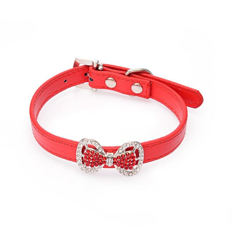 Small Dog Collar Bling Rhinestone Bow PU Leather Pet Necklace Poodle Pomeranian