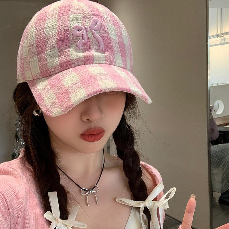 

RICYGVM Embroidery Bow Baseball Hat Women Outdoor Sun Protection Visors Fashion Plaid Duckbill Cap Korean Girls Duck Tongue Caps Adjustable розовый