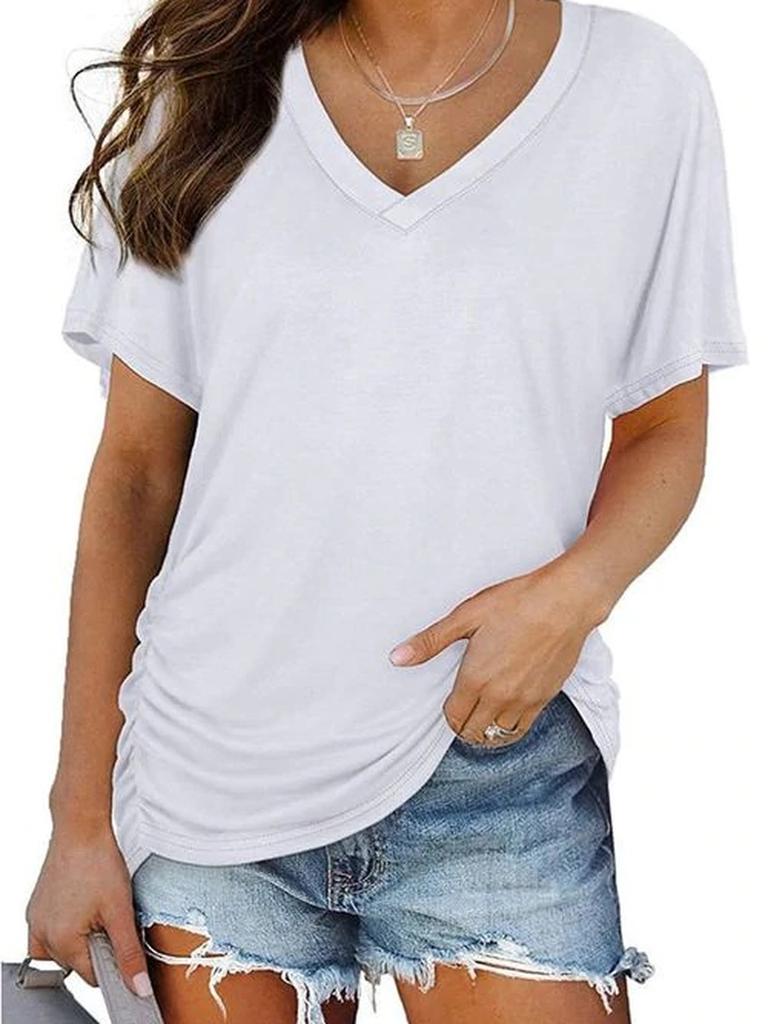 Summer Women's T-Shirt V-Neck Solid Short Sleeve Top