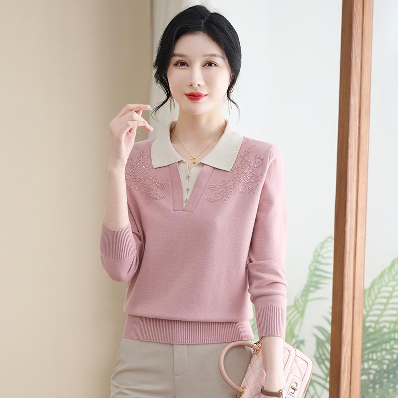 Spring Knitted Top for Middle-Aged & Elderly Women - Turn-Down Collar Loose Pullover Sweater, Casual & Versatile 50s/60s Style