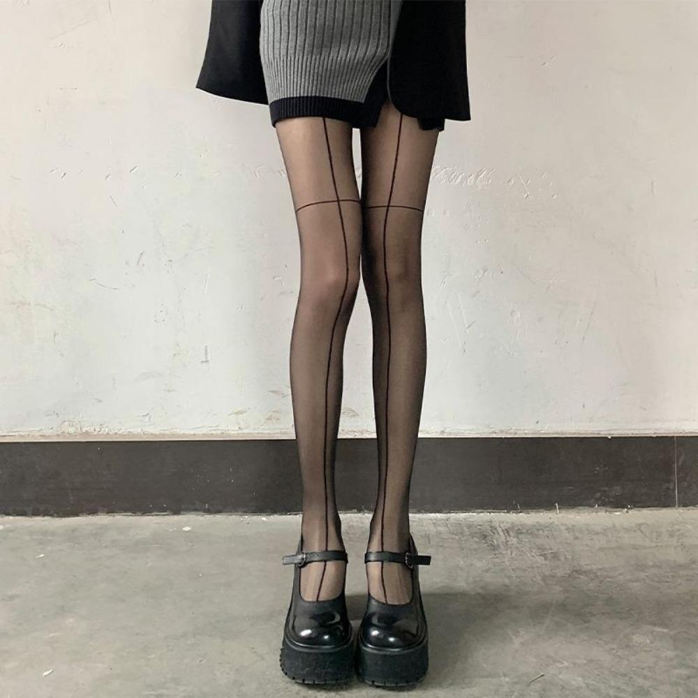 Calze Nere Sexy in Seta con Gambe a Gamberetto Davanti e Dietro, Calze con Fondo Incrociato, Sottili e Ultra-sottili