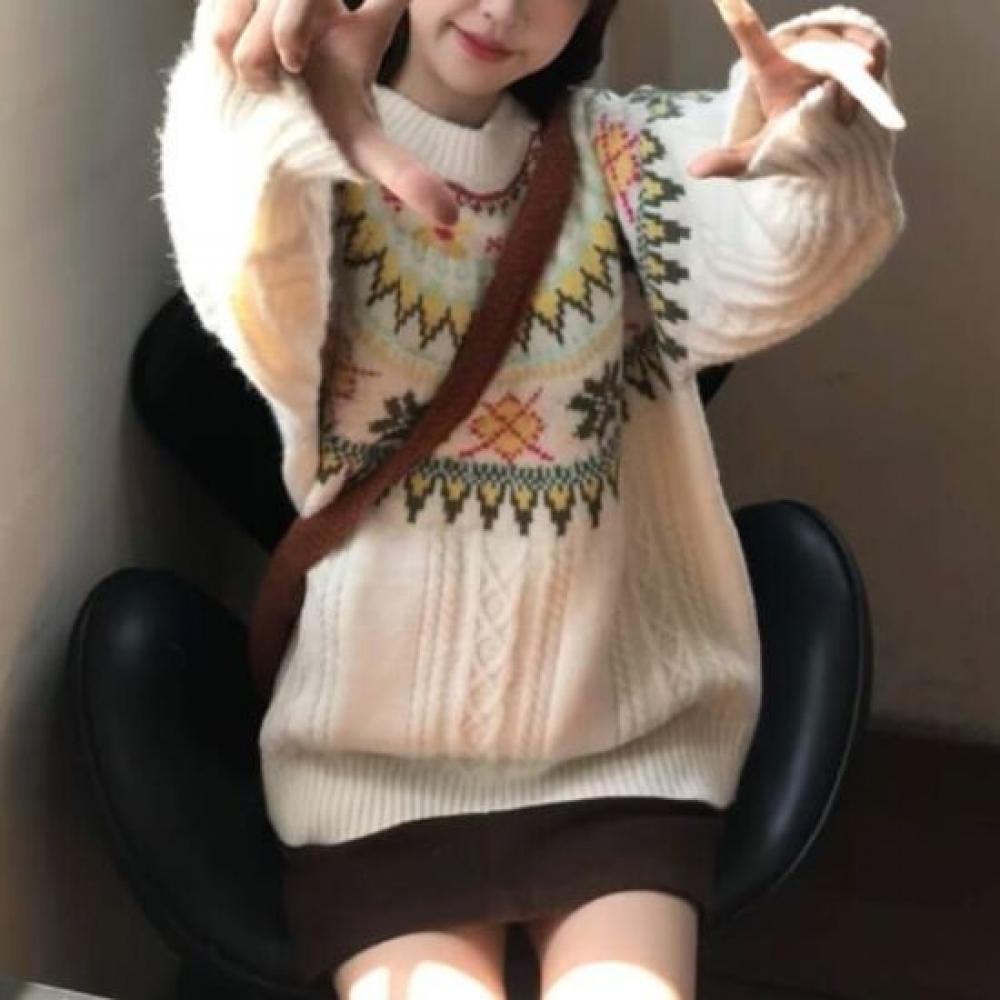 Navava Women Retro Pattern Long Sleeve Knit Sweater Nk2712