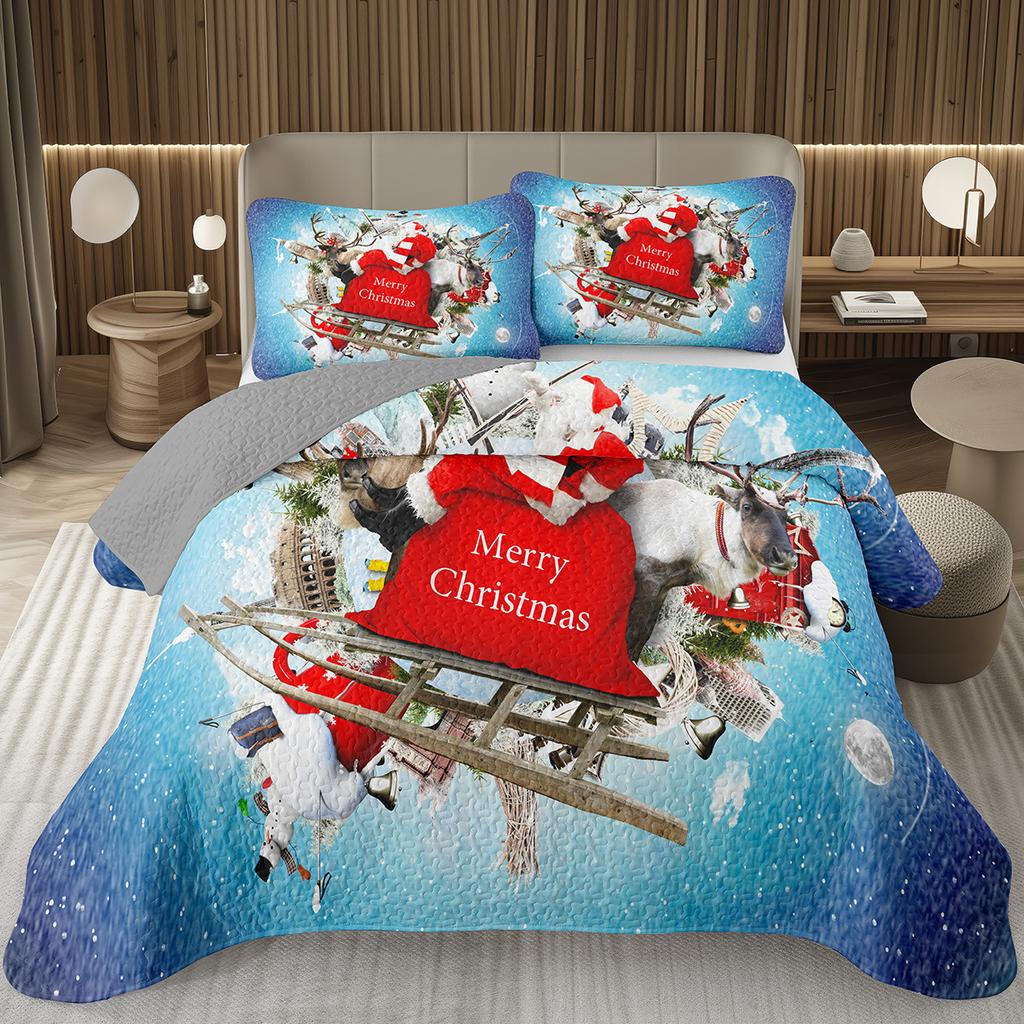 Christmas Bedspread Queen/Full Xmas Tree Quilted Coverlet for Boys Girls,Cartoon Festival Theme Quilt Set Happy New Year Bedding
