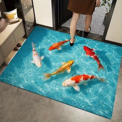 3D Koi Fish Pond Graphic Doormat Blue Water Ripple Print Entrance Mat Non-Slip Welcome Rug for Living Room Kitchen Bathroom