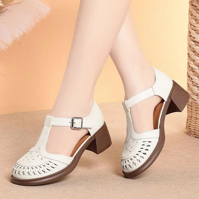 Sandales Élégantes à Bride en T à Bout Rond Découpées en Cuir Souple de 5 cm Été 2025 Sandales à Talons Blocs Moyens pour Bureau Maman