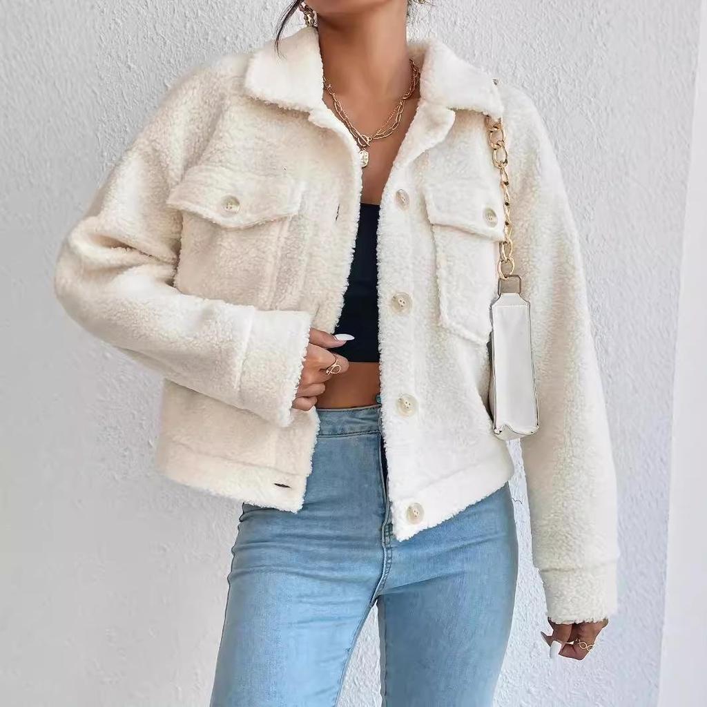 Women's Short Plush White Wool Coat - Winter Design