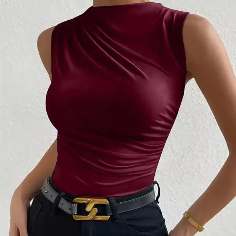 Spring and Summer New Fashionable and Versatile Solid Color Pleated Sleeveless Head Half High Neck T-shirt