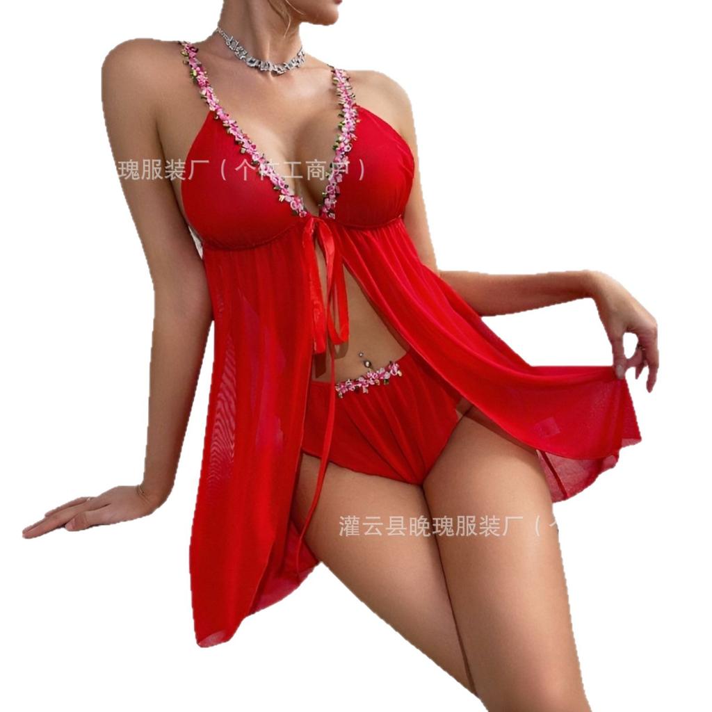 Cross-border foreign trade temptation Thin lace erotic lingerie, see-through sexy mesh slit erotic women's lingerie set