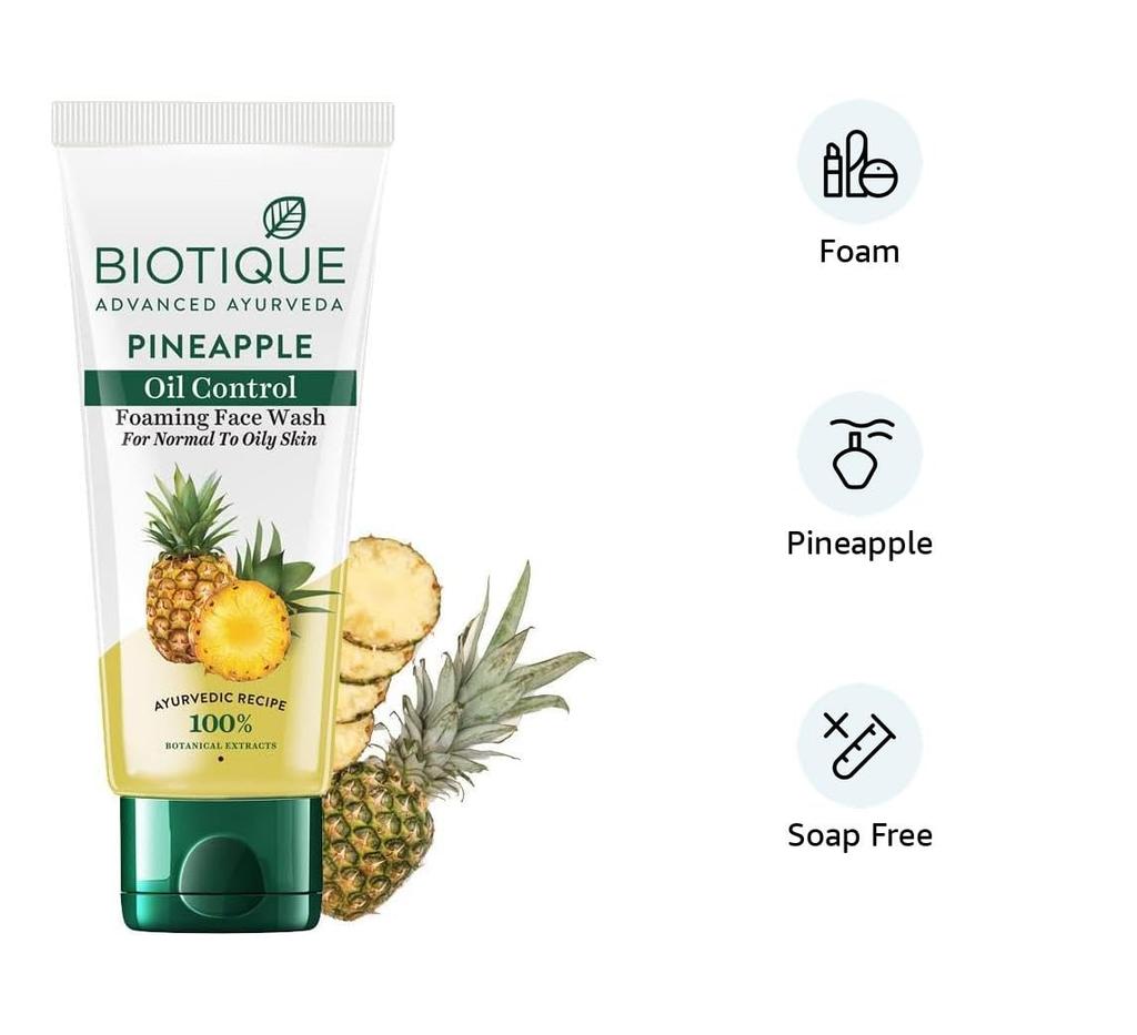 Biotique Pineapple Foaming Face Wash 150ml – Oil Control, Hydrates Skin, Evens Tone, 100% Botanical Extracts, All Skin Types