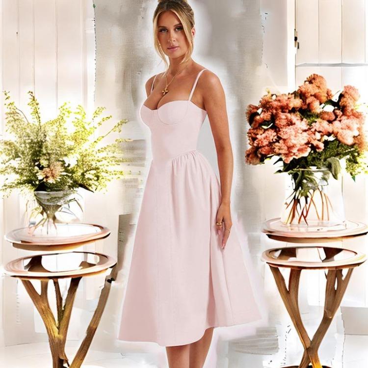 Women Print Dress High Waist Knee-Length Fashion Design Sense V-neck Backless Spaghetti Strap