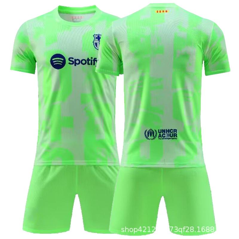 Barcelona Away Football Jersey Set: No. 9 Lewandowski, No. 6 Gavi, No. 10 Messi, Quick-Dry, Size 8.