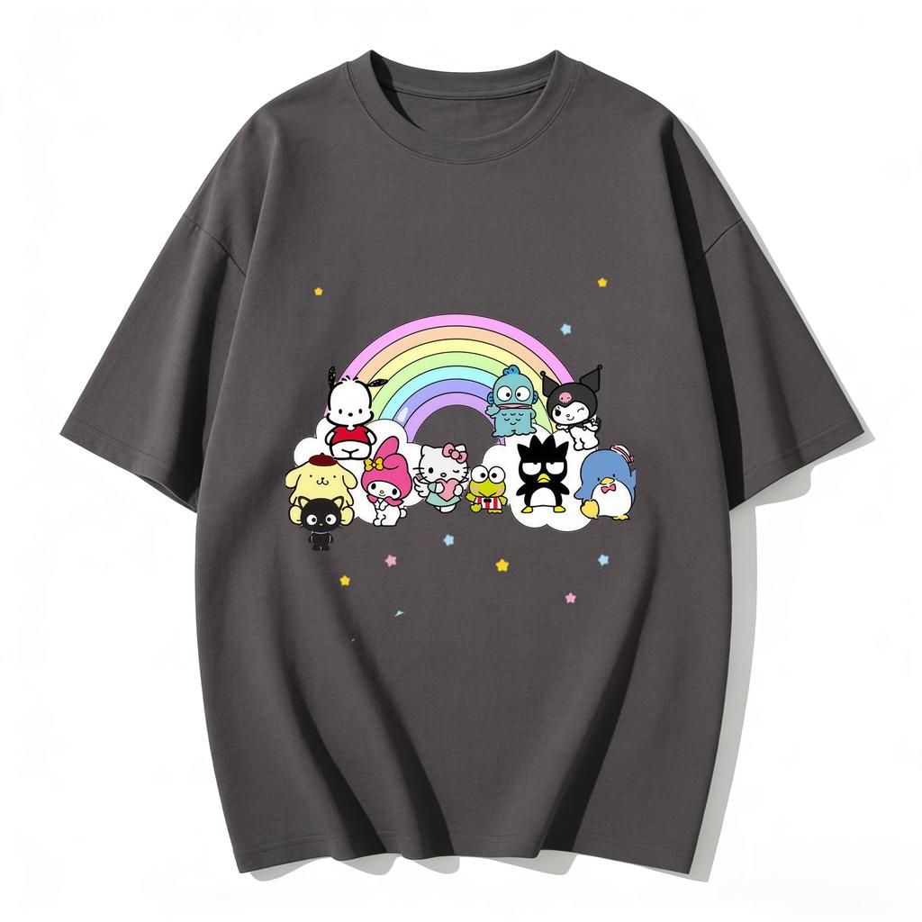 2026 New Sanrio Characters Rainbow Cartoon Print Tshirt Family Matching Outfits Casual Short Sleeve Tee for Women Unisex Kids Tees