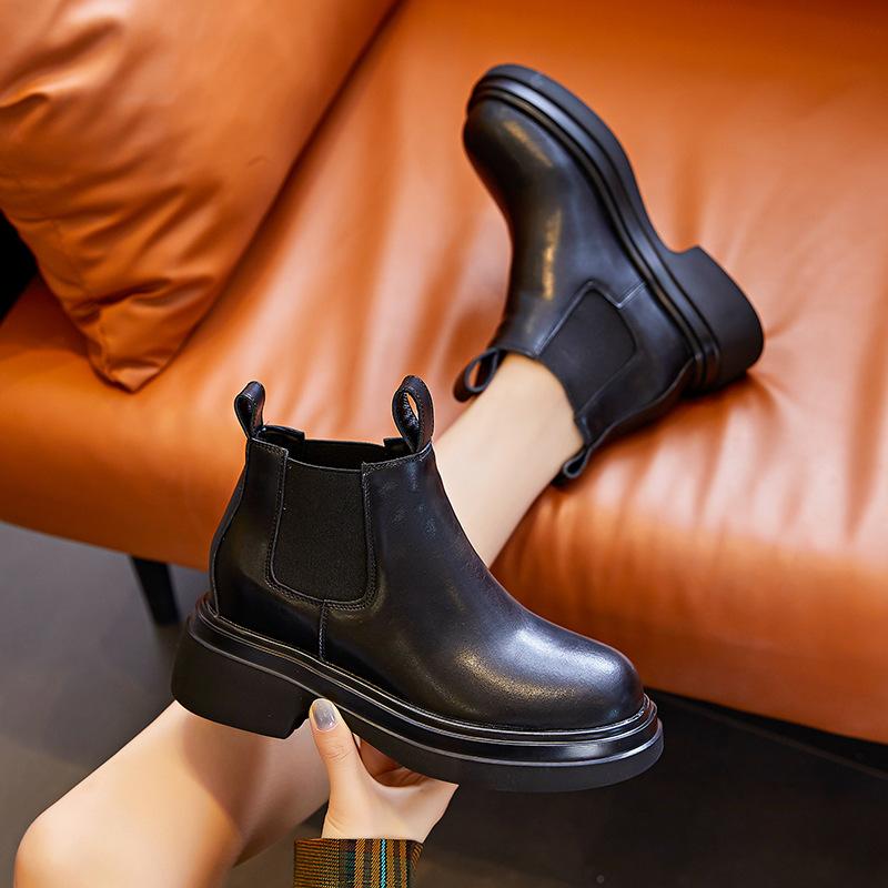 Leather Martin boots, women's trend, the same thick-soled heightening foot cigarette boots, autumn and winter breathable and comfortable Chelsea boots