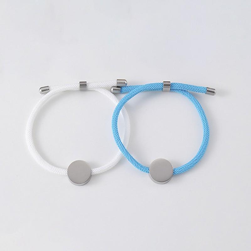 Adjustable Handmade Braided Bracelet With Engravable Round Charm Titanium Steel Unisex Couple Jewelry
