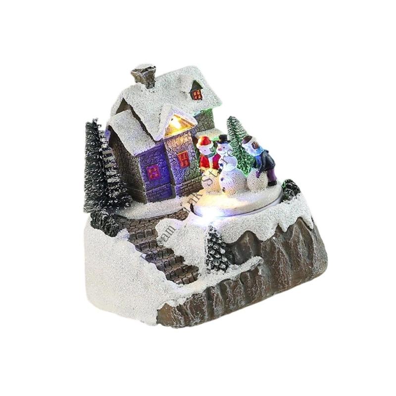 Q1FD Christmas Music Box Snow House Ornament with LED Light Handmade Desk Decoration