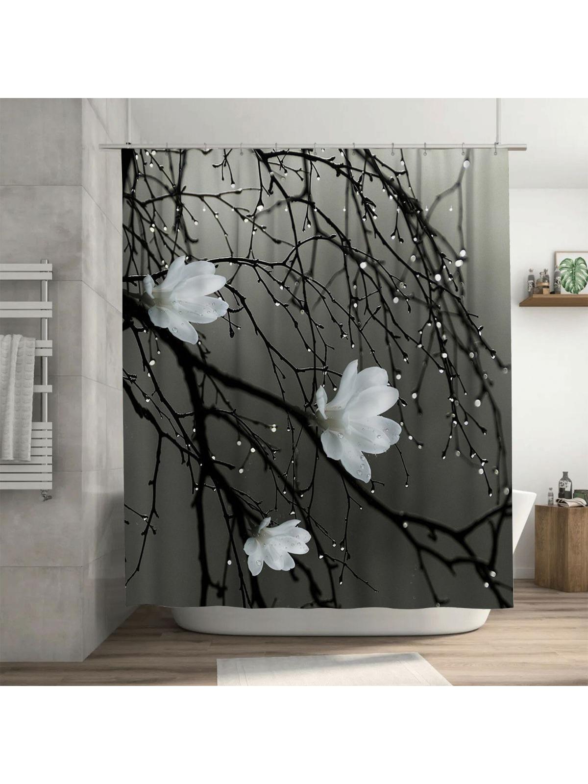 

White Flowers on Branches Design Waterproof Shower Curtain Heat Resistant Machine Washable Non-Transparent 180x180cm 90X180cm(35x70in)