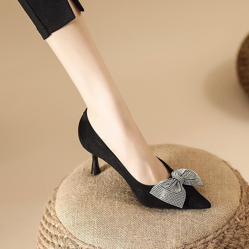 Fashion Stiletto Single Shoes Fashion Bow Suede Fall New Pointed Toe Slip-on Non-Slip Heels