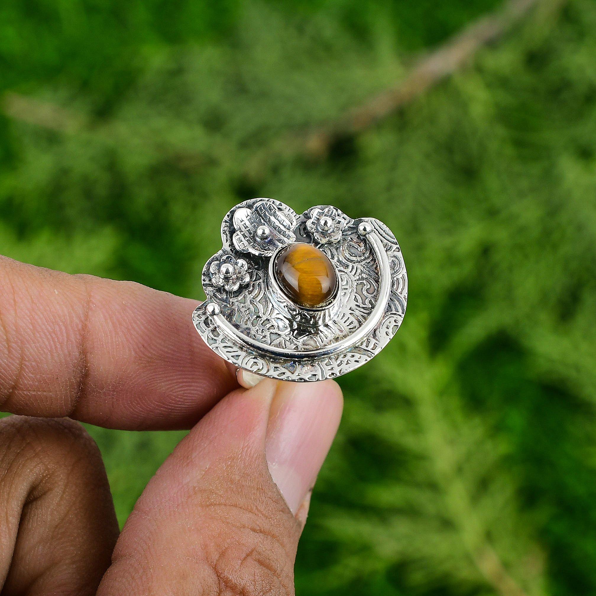 

Gift For Her 925 Silver Natural Tiger S Eye Statement Flower Adjustable Ring Adjustable