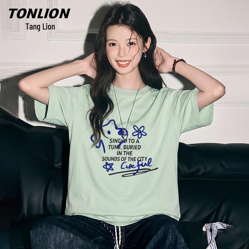 TonLion Women s Loose Cotton Cartoon Dog Print T-Shirt L