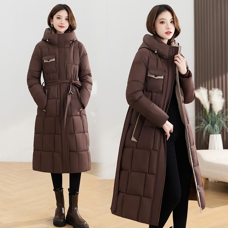 Winter foreign fashion long knee thickened cotton-padded jacket women's waist thin cotton-padded jacket