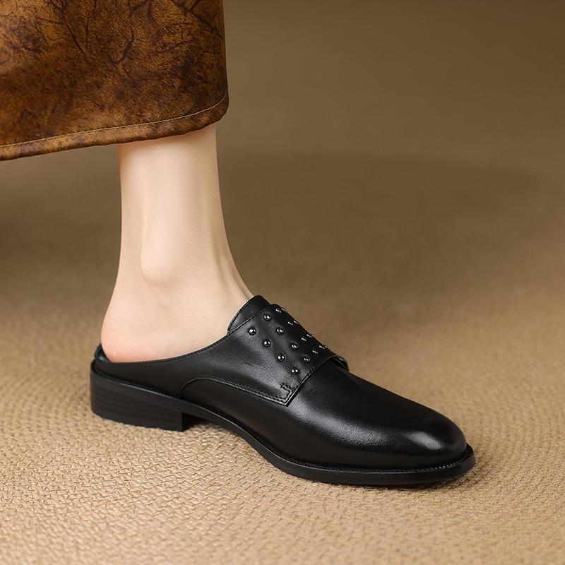 Fashion 2025 New Ladies Retro Slippers Round Toe Shoes Women High Heel Shoes Women Heel Mule Shoes Fashion Buckle Leather Slippers Women