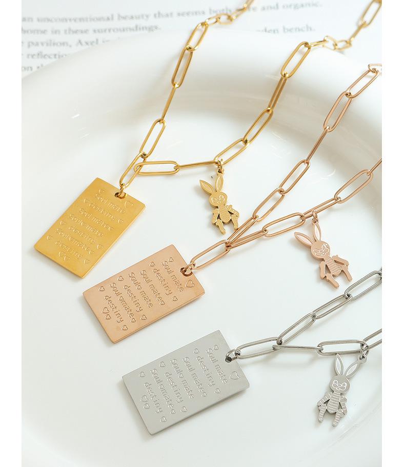 Love Letter Rabbit Pendant Necklace: Rectangle, Long Chain, Fade-Resistant Gold-Plated Titanium Steel.