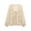 Moda Primavera 2025 Blusa Francesa de Manga Larga con Cuello en V y Volantes con Lazo