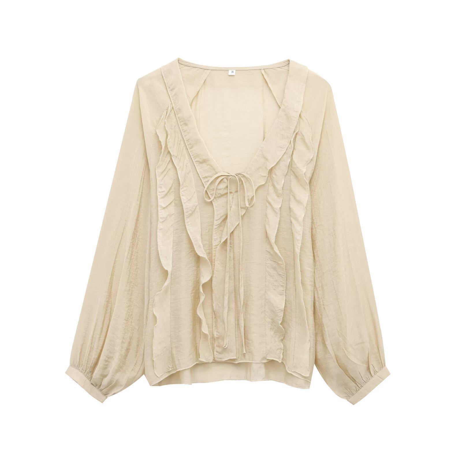 

Весенняя мода 2025 Блузка в французском стиле с V-образным вырезом, длинным рукавом, оборками и завязками на шее Small грязно-белый