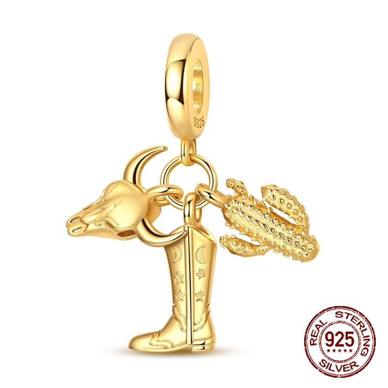 Golden Cactus Boots Charm Bead Components Copper Metal Desert Three Piece Set Dangle Pendant Bead Component Compatible With Bangle Bracelet High